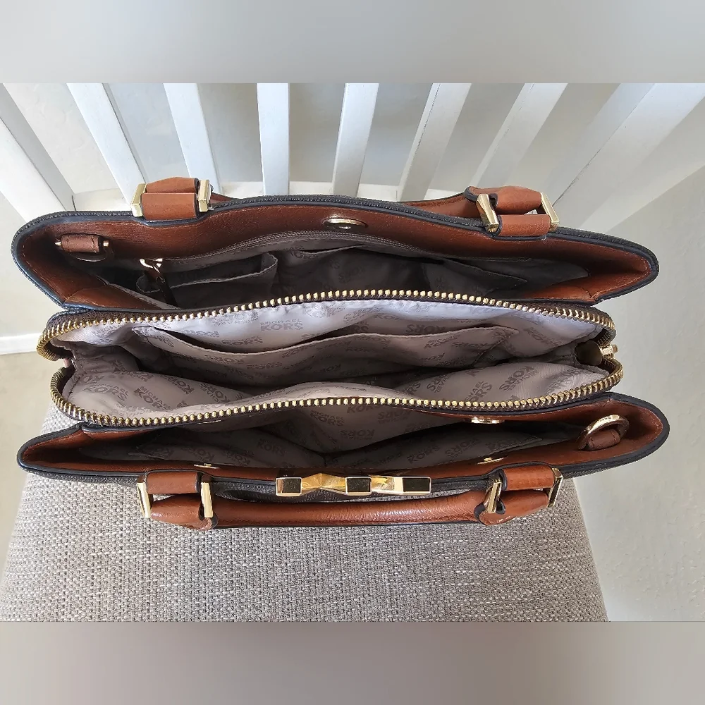 Michael Kors Black and Brown Satchel with Gold Accents